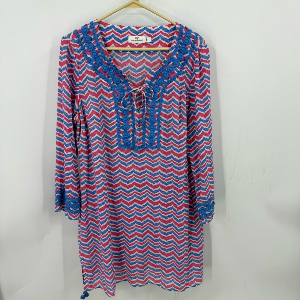 Chevron Tunic Dress with Blue Trim
